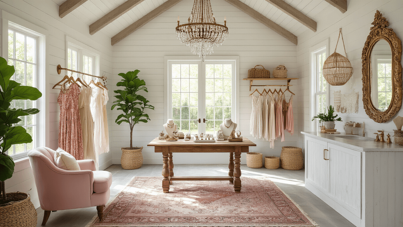 Sunlit boutique transformation of a garden shed featuring whitewashed walls, a vaulted ceiling, vintage farmhouse table with jewelry, bohemian dresses on brass racks, and a cozy blush pink velvet armchair, all embellished with natural elements and soft lighting.