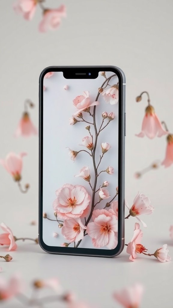 A phone displaying a soft pastel floral wallpaper with pink flowers, surrounded by floating blossoms.