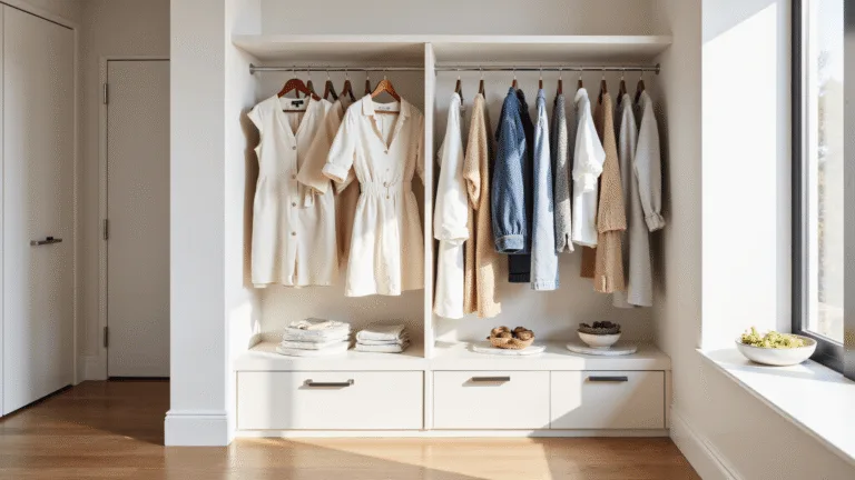 A bright, minimalist walk-in closet with a curated spring capsule wardrobe in neutral tones, featuring cream jumpsuits, oatmeal cardigans, and light denim, complemented by gold jewelry and silk scarves, illuminated by natural sunlight.