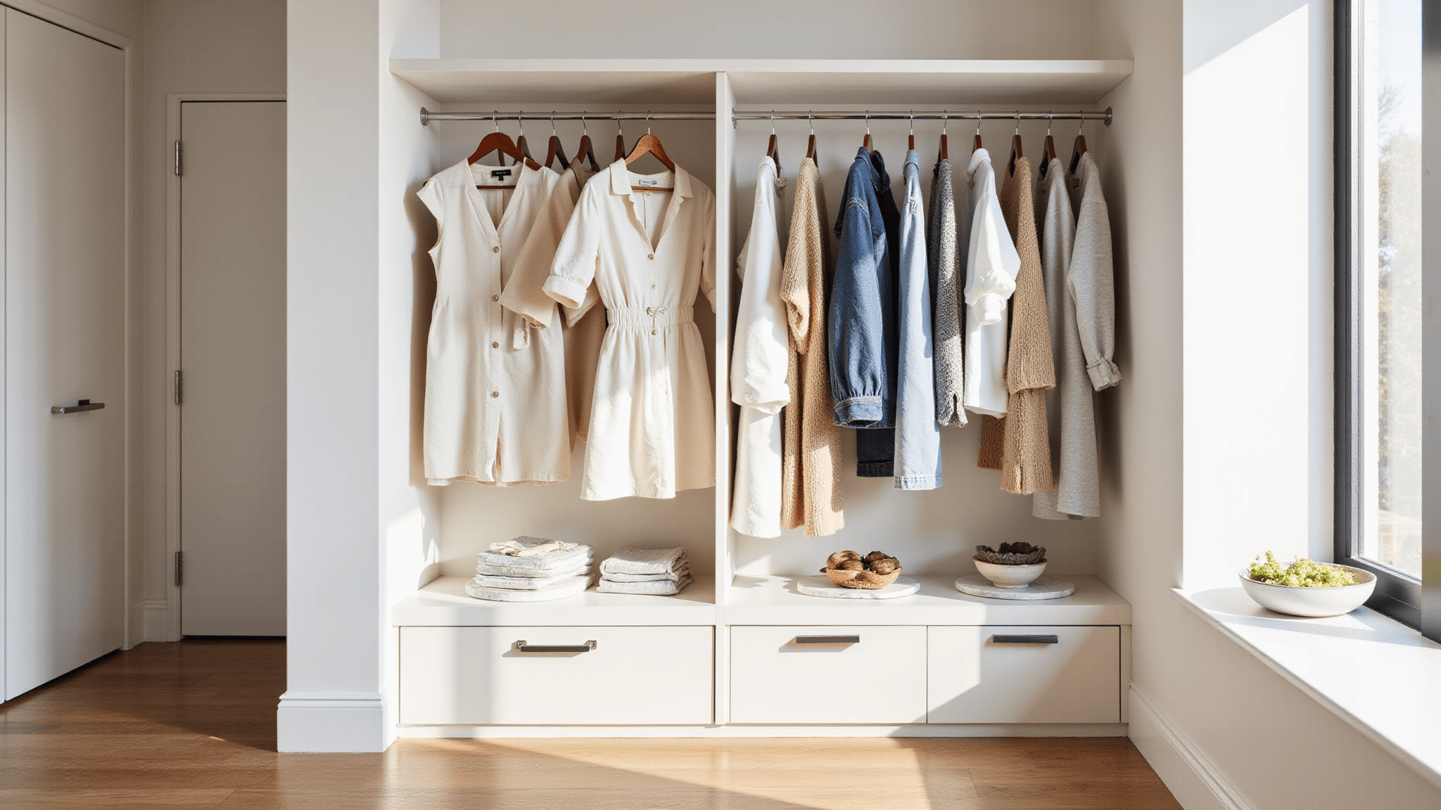 A bright, minimalist walk-in closet with a curated spring capsule wardrobe in neutral tones, featuring cream jumpsuits, oatmeal cardigans, and light denim, complemented by gold jewelry and silk scarves, illuminated by natural sunlight.