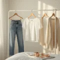 Bright minimalist bedroom with natural light highlighting a white clothing rack of wardrobe staples, including high-waisted jeans and a cream cardigan, complemented by rose gold accessories on a marble tray, all against a softly textured white wall.
