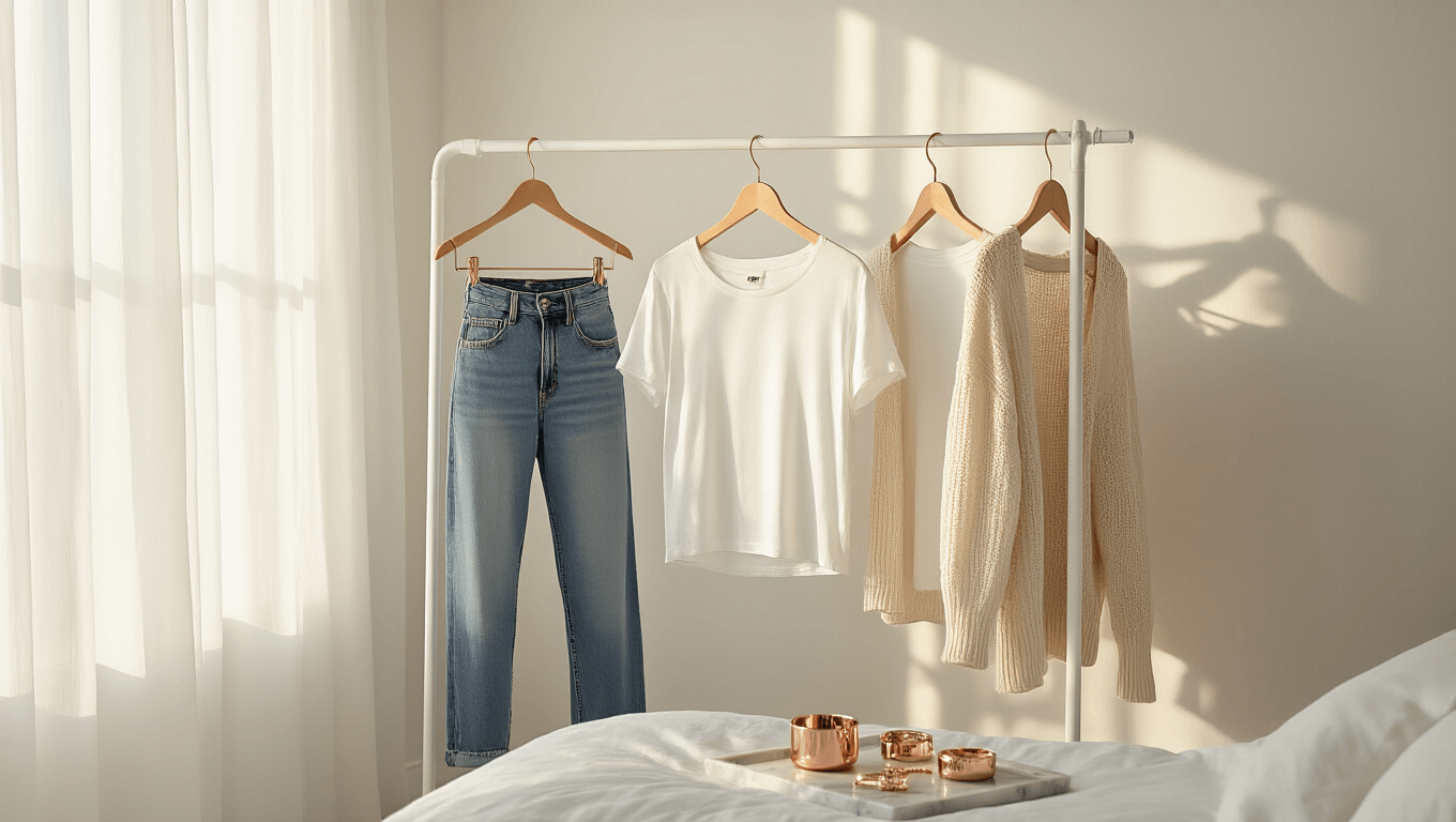 Bright minimalist bedroom with natural light highlighting a white clothing rack of wardrobe staples, including high-waisted jeans and a cream cardigan, complemented by rose gold accessories on a marble tray, all against a softly textured white wall.