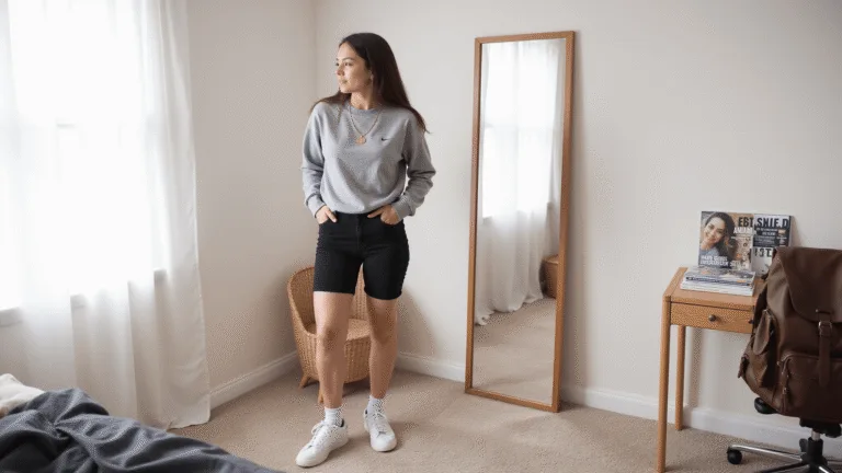 A fashion-forward student in a minimalist bedroom wears an oversized heather grey crew neck, black high-waisted bike shorts, and white Nike Air Force 1s, with a delicate gold necklace. The scene features a full-length mirror reflection, an organized desk with fashion magazines, and a leather backpack in soft, early morning light.