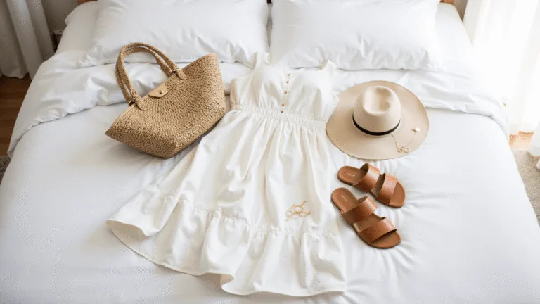 A bright flatlay of summer fashion essentials on white bedding, including a flowy white sundress, neutral linen pieces, leather sandals, straw accessories, and delicate gold jewelry, all illuminated by natural light.