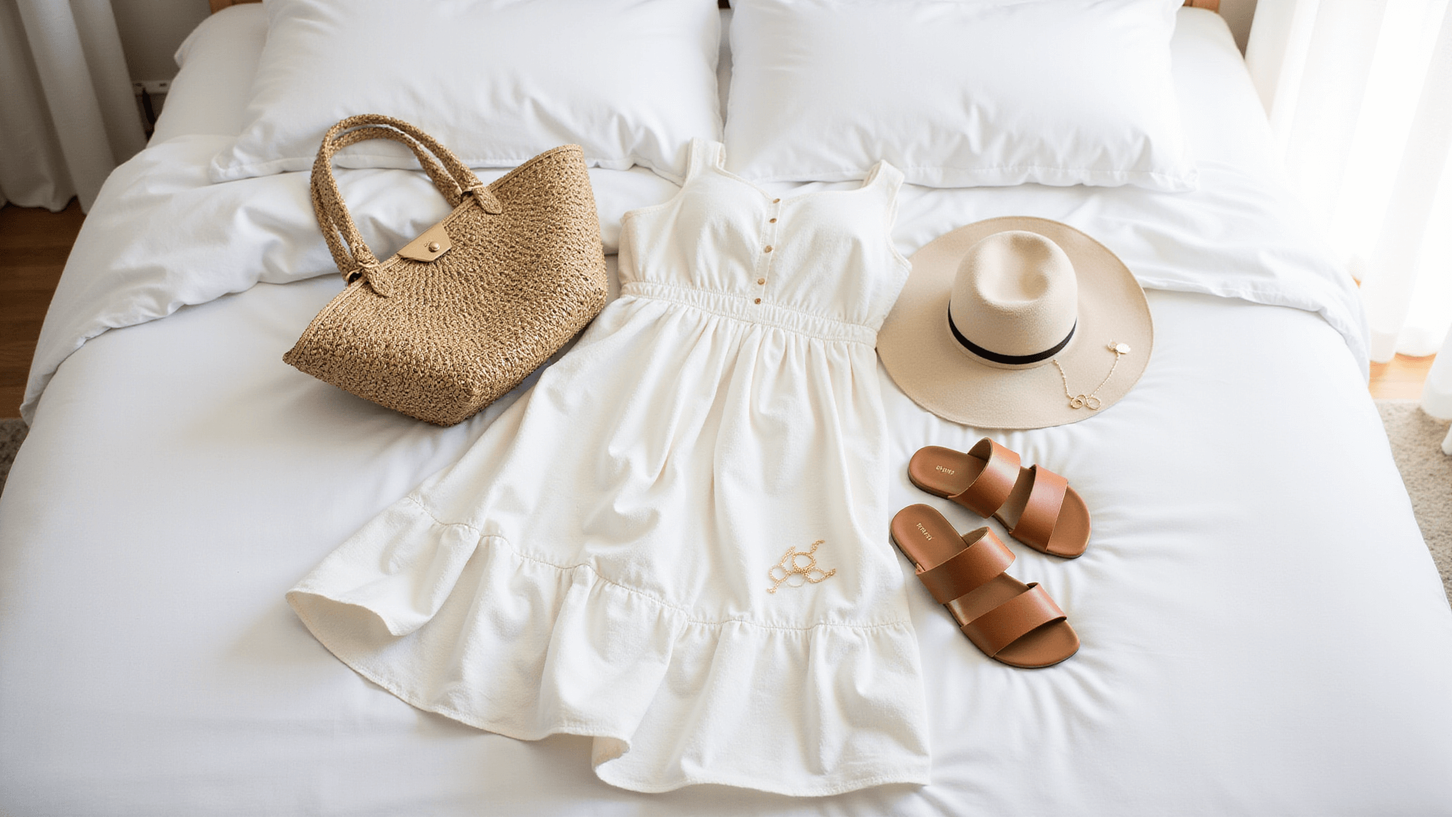 A bright flatlay of summer fashion essentials on white bedding, including a flowy white sundress, neutral linen pieces, leather sandals, straw accessories, and delicate gold jewelry, all illuminated by natural light.