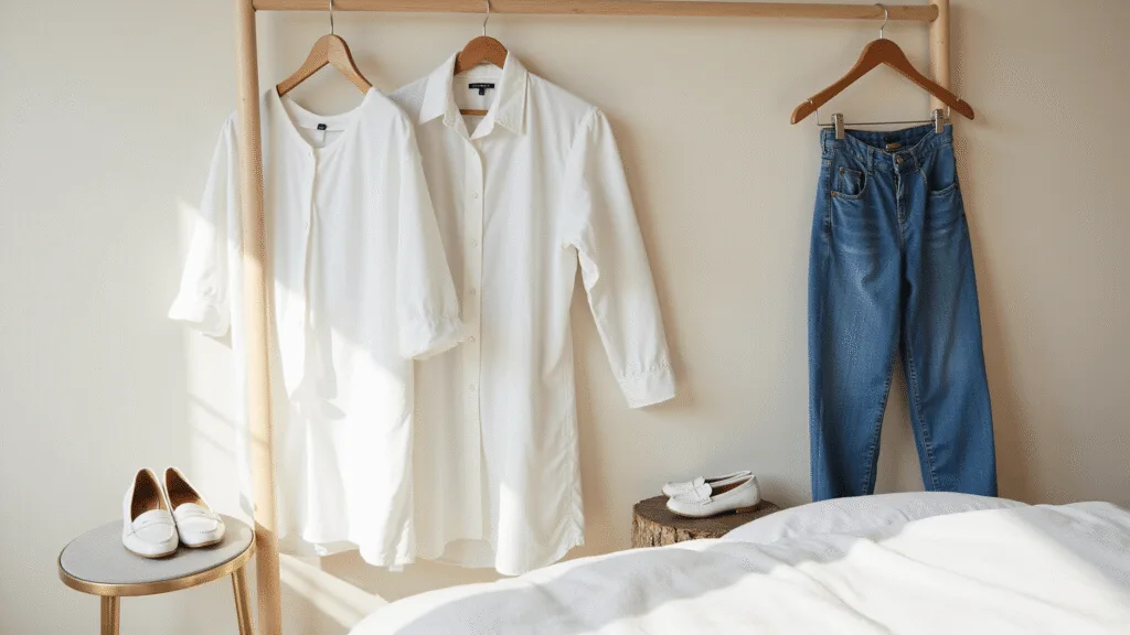 Fresh Summer Outfit Ideas That'll Make You Feel Amazing in 2025 A sunlit minimalist bedroom showcasing neatly arranged summer fashion items, including an oversized white linen shirt and high-waisted jeans on wooden hangers, with white leather loafers beside a plush bed, all presented in a soft beige and denim blue color palette.