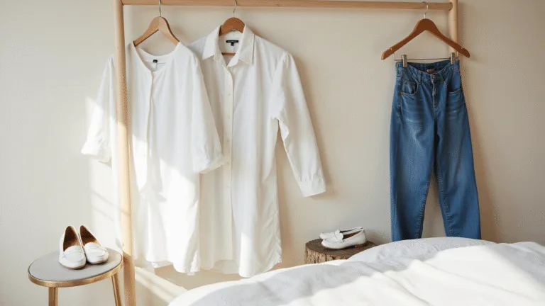A sunlit minimalist bedroom showcasing neatly arranged summer fashion items, including an oversized white linen shirt and high-waisted jeans on wooden hangers, with white leather loafers beside a plush bed, all presented in a soft beige and denim blue color palette.