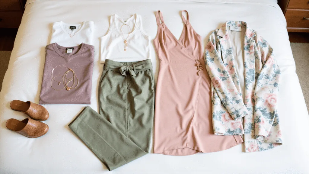 A modern minimalist bedroom flatlay showcasing a summer wardrobe on a white duvet, featuring a blush midi dress, sage green linen pants, vibrant tees, a watercolor kimono, woven mules, and gold jewelry, all highlighted in warm afternoon light.