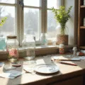 Bright, airy craftroom workspace with decoupaged glass pieces on rustic shelves, featuring a Mason jar mid-process, variously designed glass vessels, and scattered craft supplies, all illuminated by morning sunlight with soft bokeh effects.