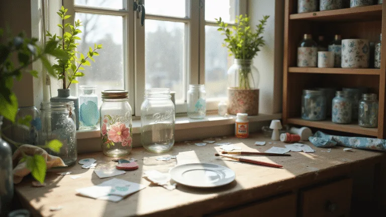 Bright, airy craftroom workspace with decoupaged glass pieces on rustic shelves, featuring a Mason jar mid-process, variously designed glass vessels, and scattered craft supplies, all illuminated by morning sunlight with soft bokeh effects.