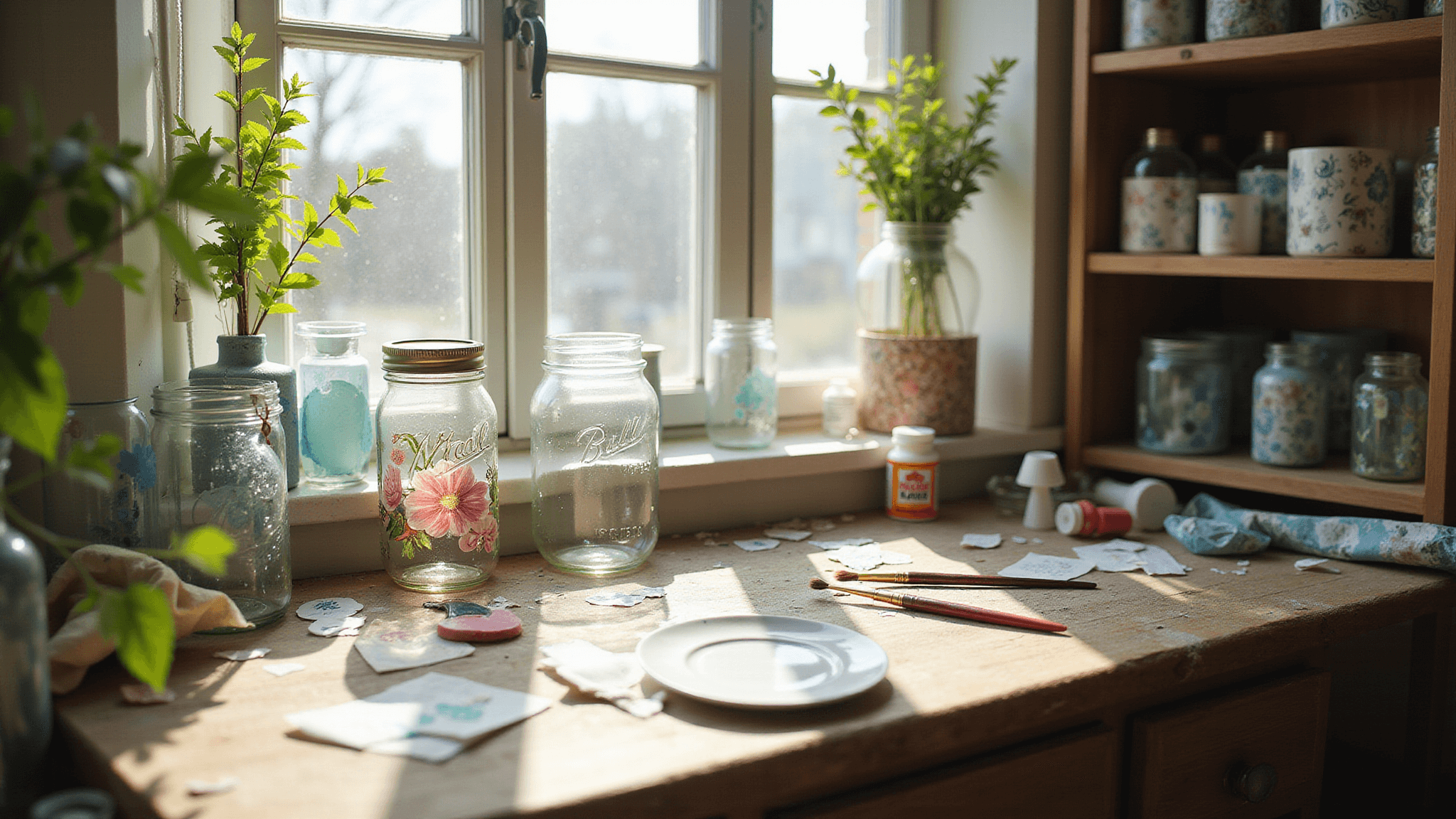 Bright, airy craftroom workspace with decoupaged glass pieces on rustic shelves, featuring a Mason jar mid-process, variously designed glass vessels, and scattered craft supplies, all illuminated by morning sunlight with soft bokeh effects.