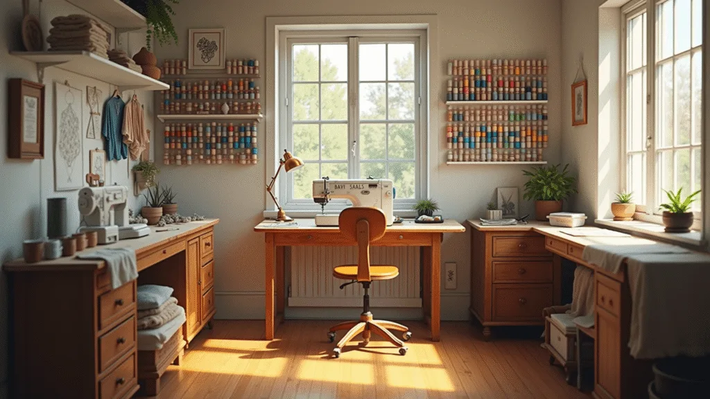 Photorealistic sunlit embroidery studio with a vintage wooden worktable, professional embroidery machine, organized colorful thread spools, finished embroidered items on floating shelves, and a weathered leather chair.