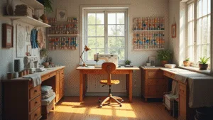 Embroidery Business Ideas: Profitable Niches and Creative Inspiration Photorealistic sunlit embroidery studio with a vintage wooden worktable, professional embroidery machine, organized colorful thread spools, finished embroidered items on floating shelves, and a weathered leather chair.