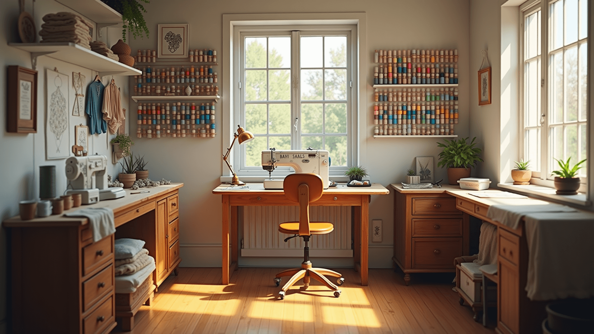 Photorealistic sunlit embroidery studio with a vintage wooden worktable, professional embroidery machine, organized colorful thread spools, finished embroidered items on floating shelves, and a weathered leather chair.