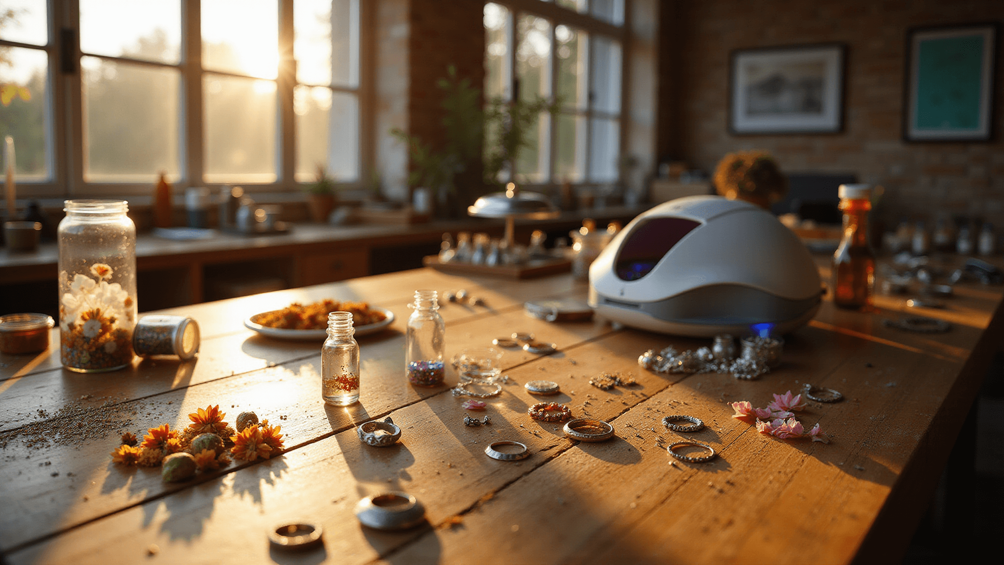 Photorealistic craft studio at golden hour, featuring a wooden workbench with UV resin jewelry supplies, natural light streaming through bay windows, and artistic arrangement of resin bottles, pressed flowers, and charms, with a vintage pegboard displaying finished jewelry pieces.