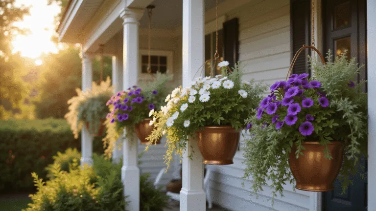 A sunlit Victorian porch featuring vintage copper hanging baskets overflowing with purple petunias, white calibrachoa, and silver dichondra, captured in golden hour lighting with a soft bokeh background.