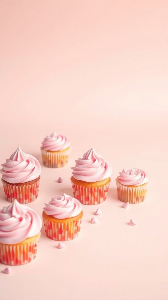 A group of pink frosted cupcakes on a soft pink background