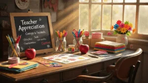 DIY Teacher Appreciation Cards: Heartfelt Crafts to Show Your Gratitude A sun-drenched craft workspace featuring a vintage oak desk with DIY teacher appreciation cards, colorful markers, and a chalkboard-style card, surrounded by construction paper, ribbon spools, and personal touches like a steaming cup of tea and a potted succulent, all bathed in warm afternoon light.