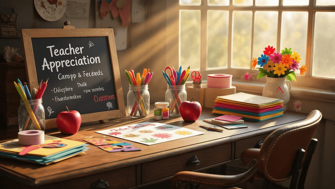 A sun-drenched craft workspace featuring a vintage oak desk with DIY teacher appreciation cards, colorful markers, and a chalkboard-style card, surrounded by construction paper, ribbon spools, and personal touches like a steaming cup of tea and a potted succulent, all bathed in warm afternoon light.