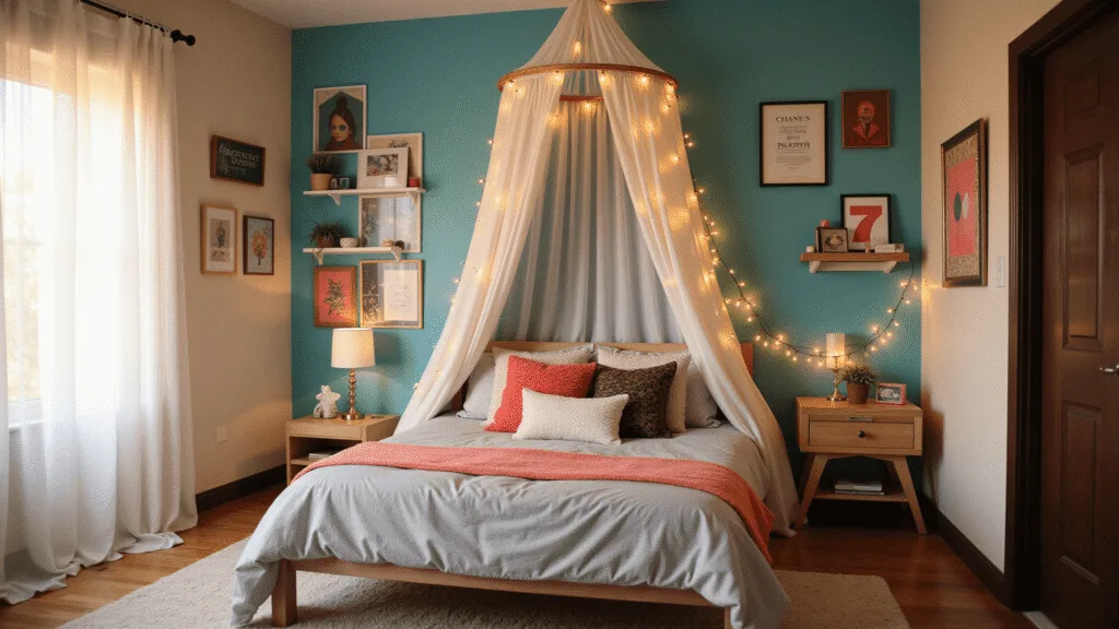 DIY Room Decor for Teens: Creative Ideas for the Ultimate Bedroom Makeover A beautifully designed teen bedroom featuring bold geometric wallpaper in teal, coral, and gold, a DIY canopy bed with textured pillows, floating shelves with artful decor, and ambient fairy lights, captured in warm golden hour light.