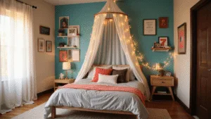 DIY Room Decor for Teens: Creative Ideas for the Ultimate Bedroom Makeover A beautifully designed teen bedroom featuring bold geometric wallpaper in teal, coral, and gold, a DIY canopy bed with textured pillows, floating shelves with artful decor, and ambient fairy lights, captured in warm golden hour light.