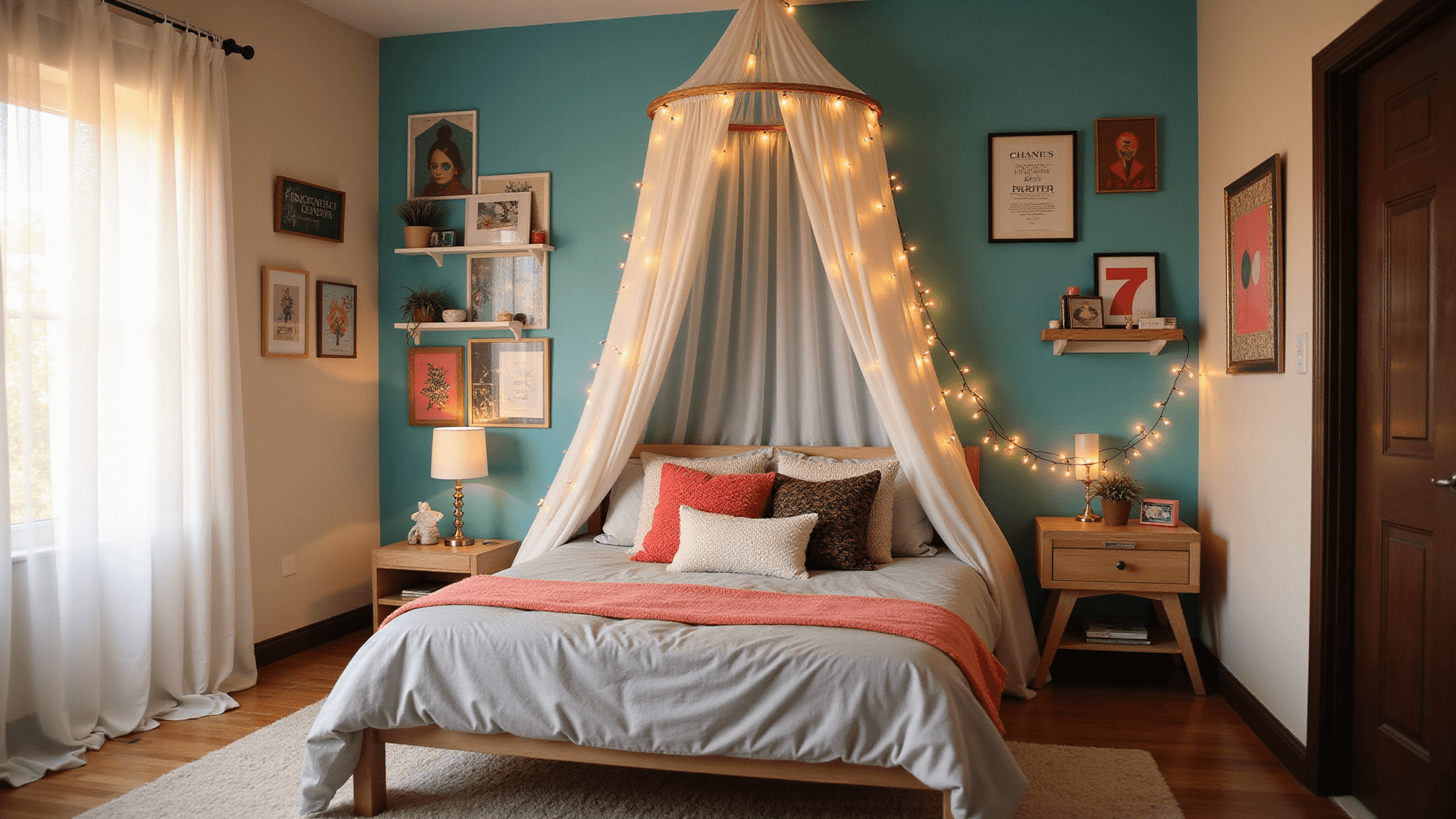 A beautifully designed teen bedroom featuring bold geometric wallpaper in teal, coral, and gold, a DIY canopy bed with textured pillows, floating shelves with artful decor, and ambient fairy lights, captured in warm golden hour light.