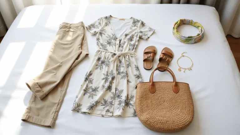 Flat lay of Thailand travel essentials on a white hotel bed, featuring rolled linen pants, a floral cotton maxi dress, tropical silk scarves, leather sandals, delicate gold jewelry, and a rattan handbag, illuminated by natural sunlight.