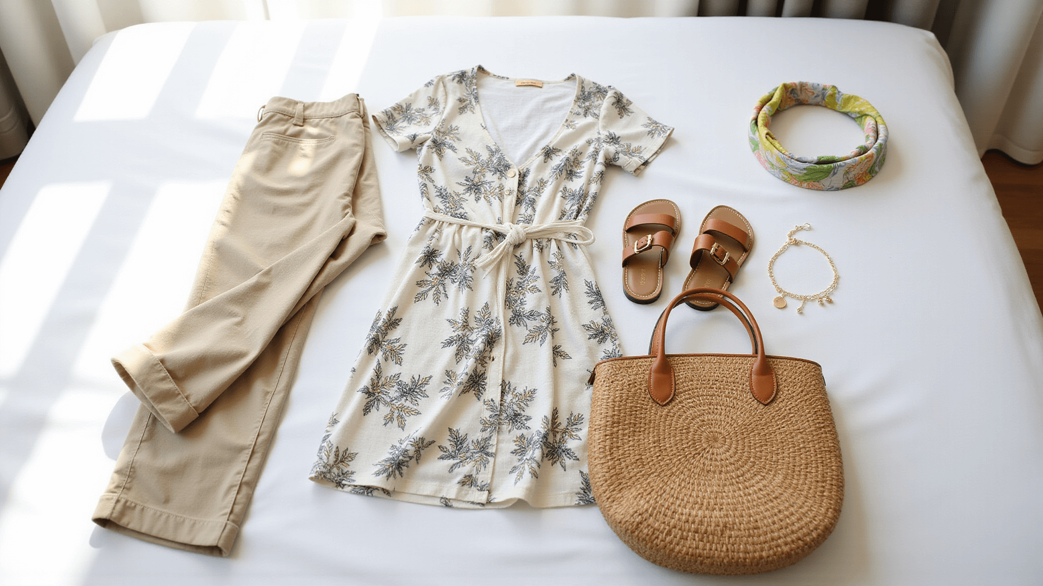 Flat lay of Thailand travel essentials on a white hotel bed, featuring rolled linen pants, a floral cotton maxi dress, tropical silk scarves, leather sandals, delicate gold jewelry, and a rattan handbag, illuminated by natural sunlight.