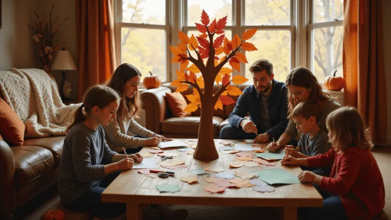 A cozy living room during golden hour, featuring a wooden coffee table with craft supplies and a "Thankful Tree" in progress, as a family gathers around writing on leaf-shaped papers, surrounded by warm earth tones and fall decor.
