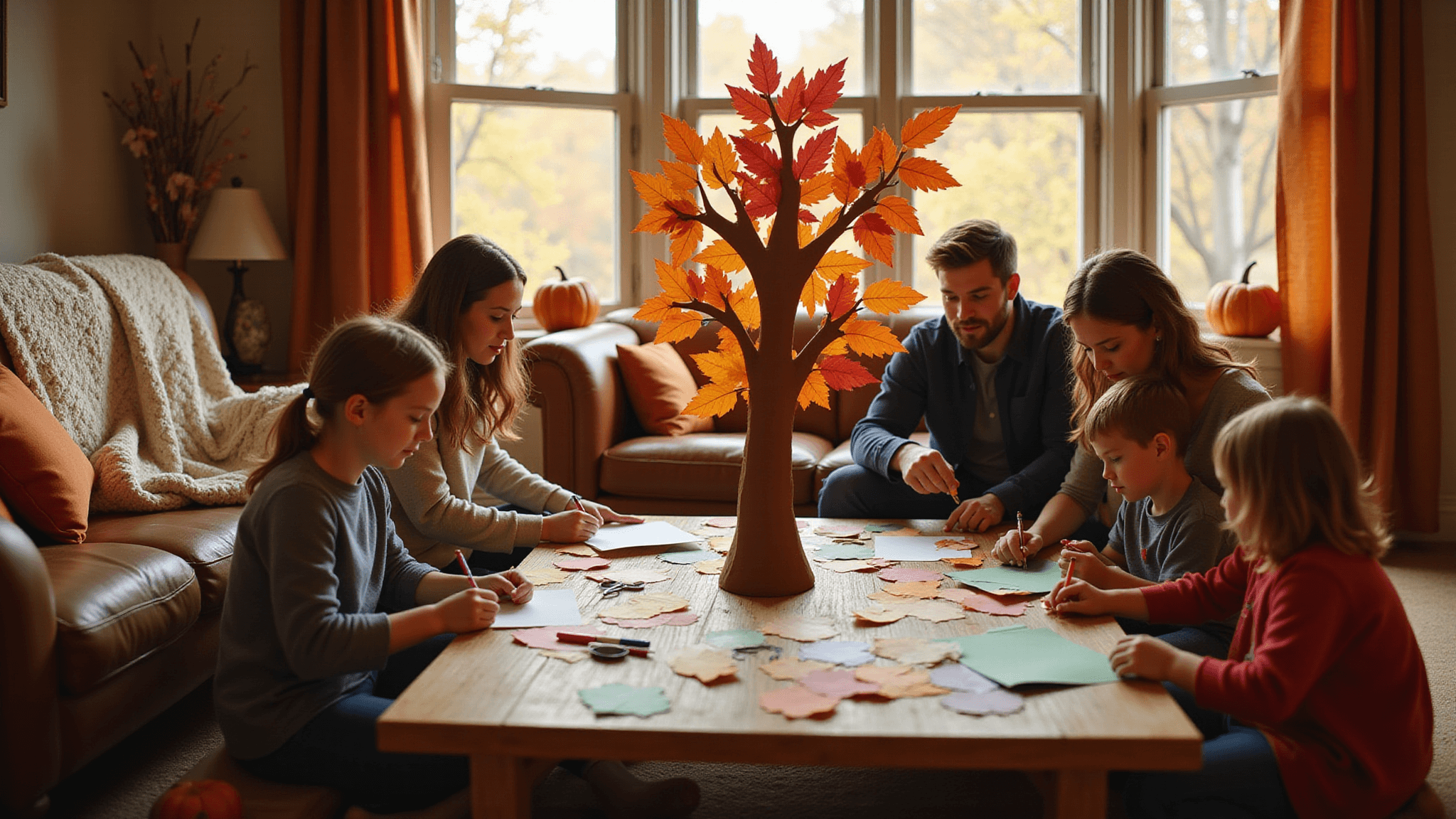 A cozy living room during golden hour, featuring a wooden coffee table with craft supplies and a "Thankful Tree" in progress, as a family gathers around writing on leaf-shaped papers, surrounded by warm earth tones and fall decor.