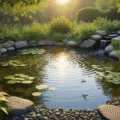 A serene garden pond at golden hour, featuring clear water and natural landscaping with marginal plants, stepping stones, and a small waterfall, illuminated by warm sunlight and atmospheric mist, with a frog resting on a rock and dragonflies hovering above.