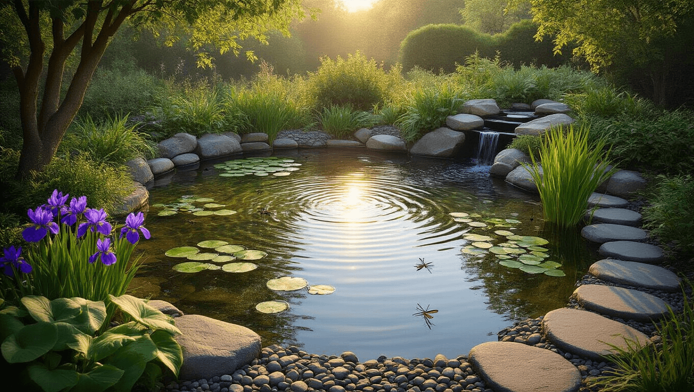 A serene garden pond at golden hour, featuring clear water and natural landscaping with marginal plants, stepping stones, and a small waterfall, illuminated by warm sunlight and atmospheric mist, with a frog resting on a rock and dragonflies hovering above.
