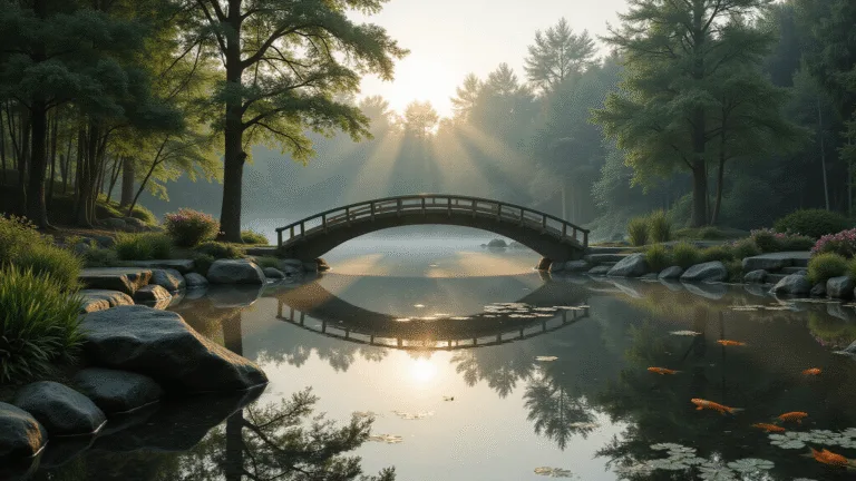 A serene Japanese garden pond at dawn, featuring a curved wooden bridge reflected in mirror-like water, framed by cloud-pruned pine trees and moss-covered rocks, with early morning mist and golden sunrise light illuminating the scene. Koi fish swim beneath lotus flowers, while stepping stones and manicured azalea bushes create a tranquil atmosphere in soft earth tones.