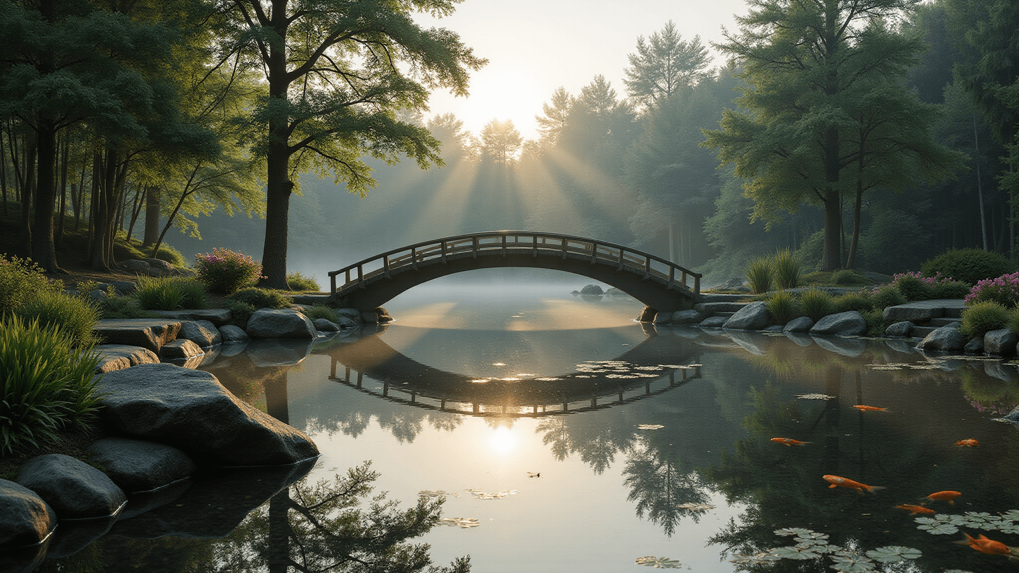A serene Japanese garden pond at dawn, featuring a curved wooden bridge reflected in mirror-like water, framed by cloud-pruned pine trees and moss-covered rocks, with early morning mist and golden sunrise light illuminating the scene. Koi fish swim beneath lotus flowers, while stepping stones and manicured azalea bushes create a tranquil atmosphere in soft earth tones.