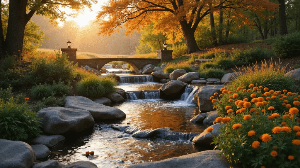 A photorealistic wide-angle view of a tranquil garden stream at golden hour, featuring cascading waterfalls, vibrant flowers, a stone bridge, and a Japanese maple in peak fall color, all surrounded by lush greenery and morning mist.