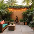 A photorealistic wide-angle shot of a tropical courtyard at golden hour, featuring a rattan loveseat with emerald and coral cushions, surrounded by lush palm fronds and elephant ear plants, with copper planters of bromeliads, a bamboo privacy screen, string lights, and a tiered copper fountain, all illuminated by warm sunlight casting intricate shadows.