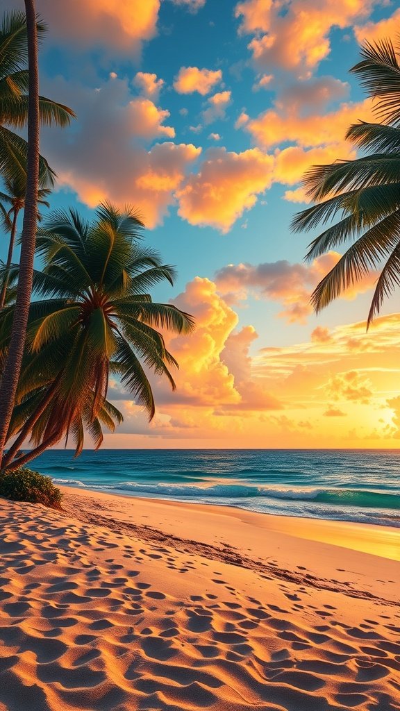 A tropical beach at sunset with palm trees and colorful clouds.