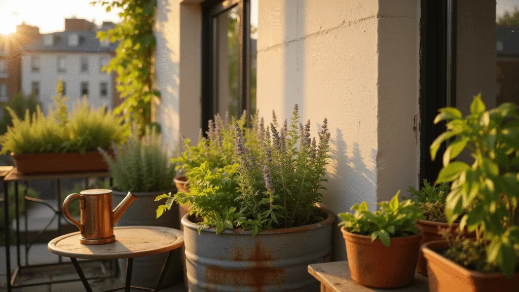 How to Create a Thriving Container Herb Garden: A Complete Beginner's Guide Cinematic golden hour view of a lush urban balcony herb garden in terracotta pots and galvanized planters, featuring basil, rosemary, and lavender, with shadows and light dust particles enhancing the scene's warmth and depth.