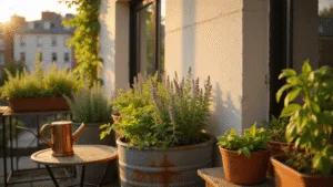How to Create a Thriving Container Herb Garden: A Complete Beginner's Guide Cinematic golden hour view of a lush urban balcony herb garden in terracotta pots and galvanized planters, featuring basil, rosemary, and lavender, with shadows and light dust particles enhancing the scene's warmth and depth.
