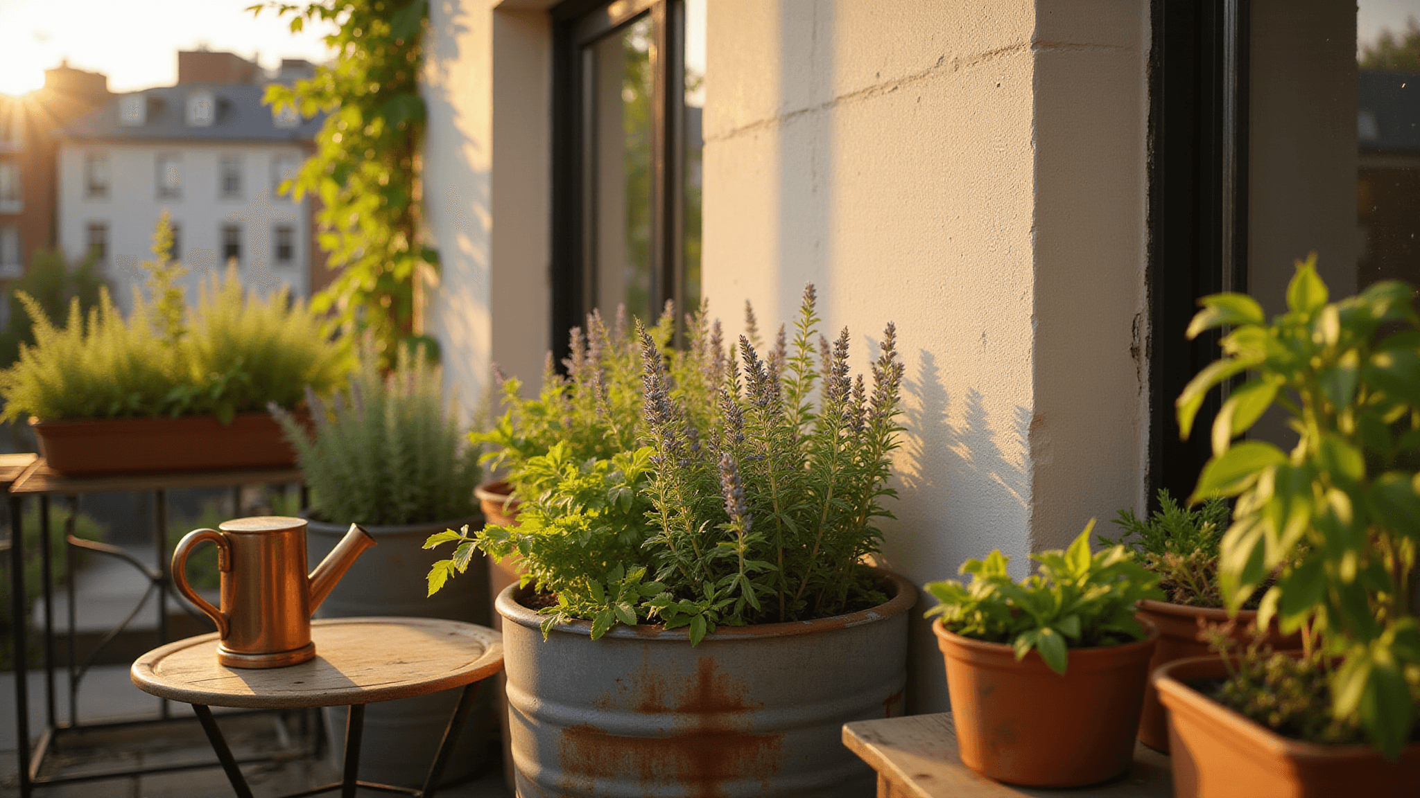 Cinematic golden hour view of a lush urban balcony herb garden in terracotta pots and galvanized planters, featuring basil, rosemary, and lavender, with shadows and light dust particles enhancing the scene's warmth and depth.