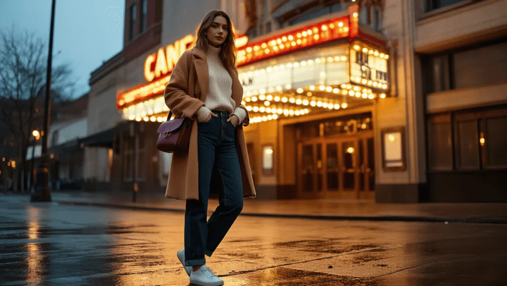 A young woman in a cream oversized sweater and dark wash jeans stands at a vintage movie theater entrance during golden hour, wearing a camel wool coat and white sneakers, with a burgundy leather crossbody bag, as theater marquee lights illuminate the rain-kissed pavement in the background.