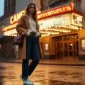 A young woman in a cream oversized sweater and dark wash jeans stands at a vintage movie theater entrance during golden hour, wearing a camel wool coat and white sneakers, with a burgundy leather crossbody bag, as theater marquee lights illuminate the rain-kissed pavement in the background.