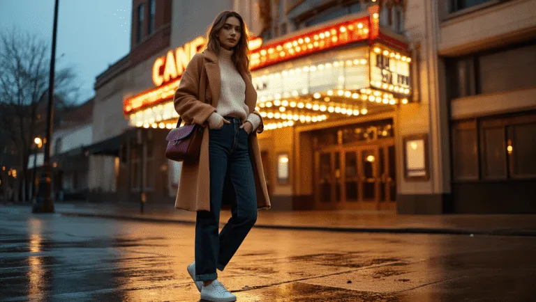 A young woman in a cream oversized sweater and dark wash jeans stands at a vintage movie theater entrance during golden hour, wearing a camel wool coat and white sneakers, with a burgundy leather crossbody bag, as theater marquee lights illuminate the rain-kissed pavement in the background.
