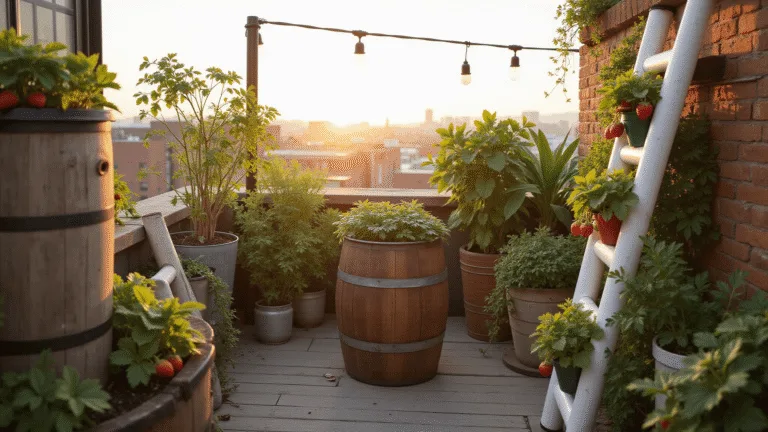Cinematic wide shot of a sun-drenched urban rooftop garden at golden hour, showcasing various creative strawberry planting methods, including a weathered wooden tiered planter, a modern PVC pipe tower, and a rustic ladder with enamelware planters, all against a soft-focus city skyline.