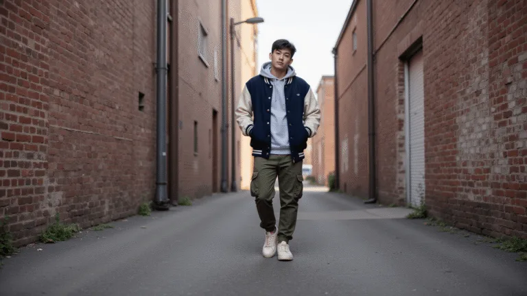 A confident young person wearing an oversized navy and cream varsity jacket over a grey hoodie, olive cargo pants, and cream sneakers, walking against a weathered brick wall during golden hour, with dramatic shadows and a muted urban color palette.