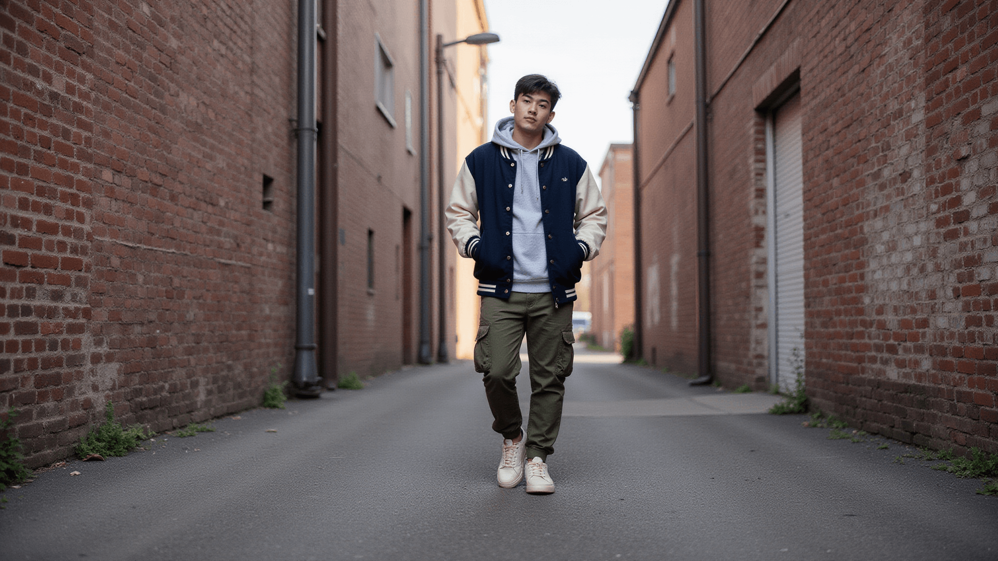 A confident young person wearing an oversized navy and cream varsity jacket over a grey hoodie, olive cargo pants, and cream sneakers, walking against a weathered brick wall during golden hour, with dramatic shadows and a muted urban color palette.