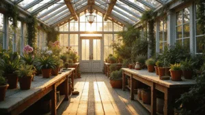 Gardens with Greenhouses: Your Ultimate Guide to Year-Round Growing Magic Interior of a Victorian greenhouse at golden hour, featuring intricate wrought iron shadows, lush orchids and ferns in terracotta pots, and antique gardening tools, with warm sunlight streaming through glass panels and creating a dreamy bokeh effect.
