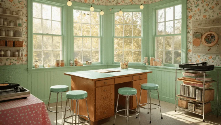 A sun-filled 1950s craft room featuring mint green wainscoting, floral wallpaper, and large bay windows, with a central wooden workstation surrounded by pastel metal stools, vintage shelving units, a record player, and fairy lights.
