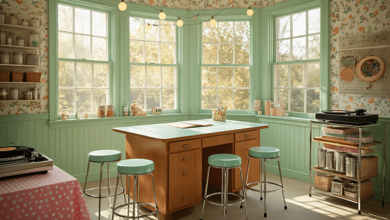 A sun-filled 1950s craft room featuring mint green wainscoting, floral wallpaper, and large bay windows, with a central wooden workstation surrounded by pastel metal stools, vintage shelving units, a record player, and fairy lights.