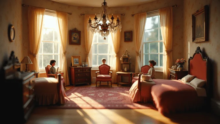 A high-resolution image of a cozy vintage doll room featuring intricate Victorian-era furniture, miniature chandeliers, and delicate accessories, illuminated by soft natural light.